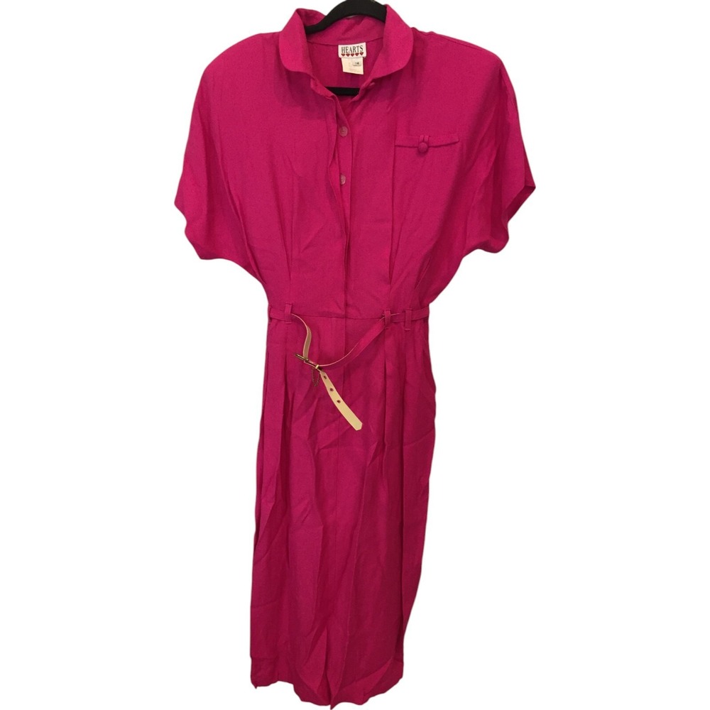 Vintage 80s Pink Belted Shirt Dress Womens Medium Retro Secretary Midi Size 14 - Picture 2 of 8
